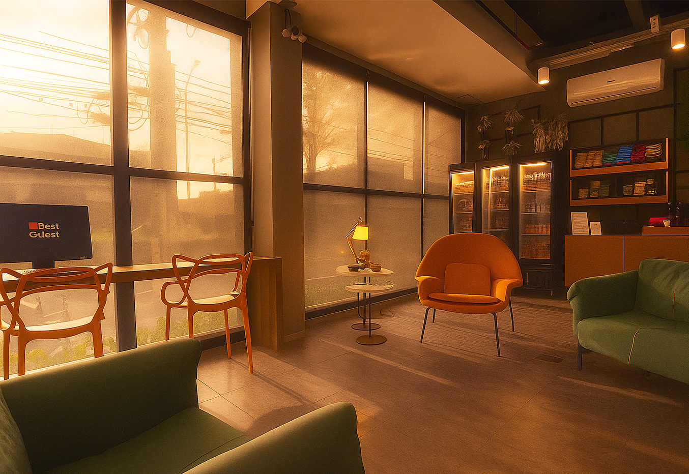 Lobby do Best Guest com iluminação aconchegante